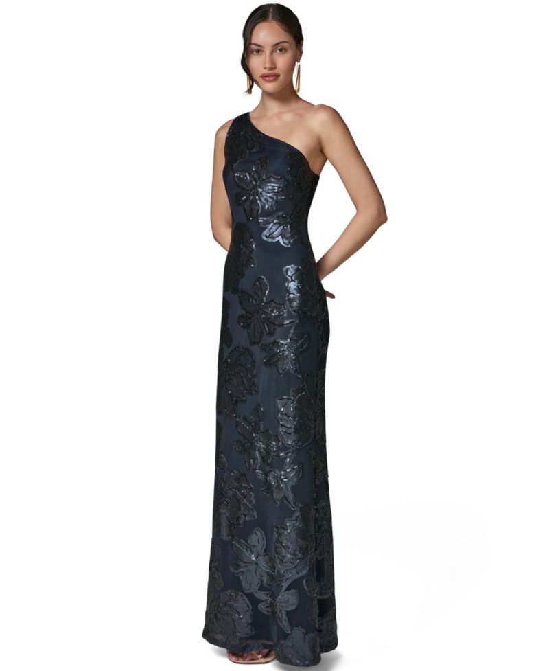 Women's One-Shoulder Floral-Sequin Gown
