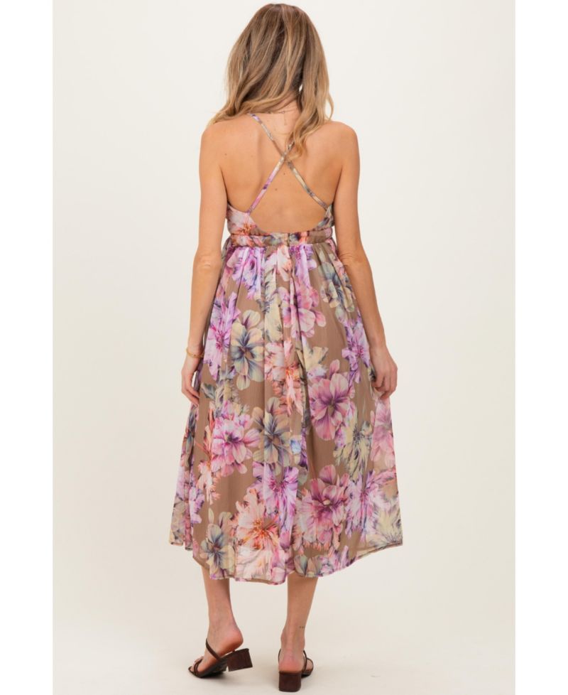 Women's Tan Floral Open Back Midi Dress