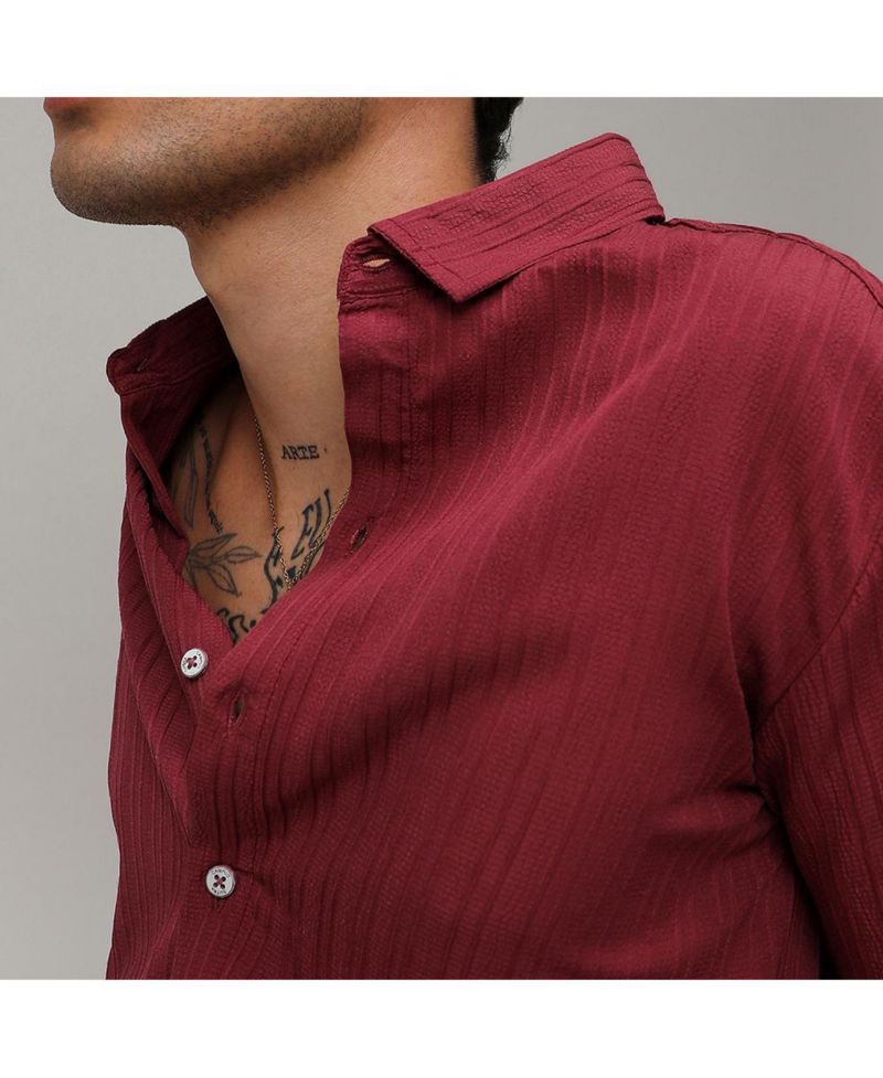 Men's Blush Red Self-Design Striped Shirt