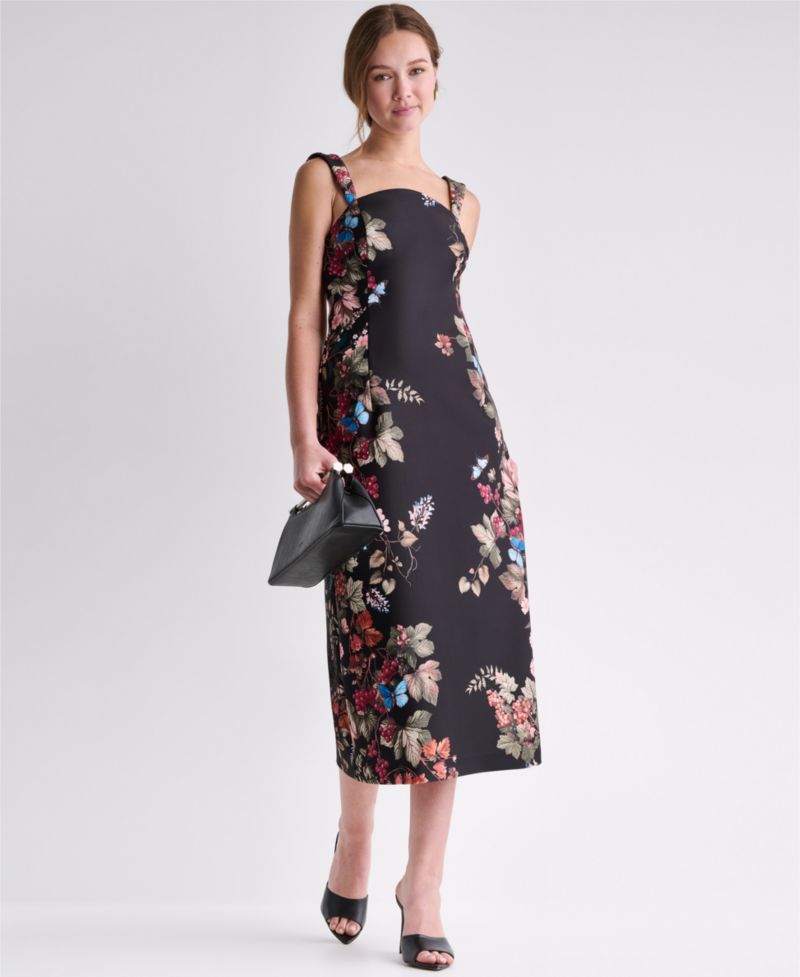 Women's Floral Print Square Neck Satin Midi Dress