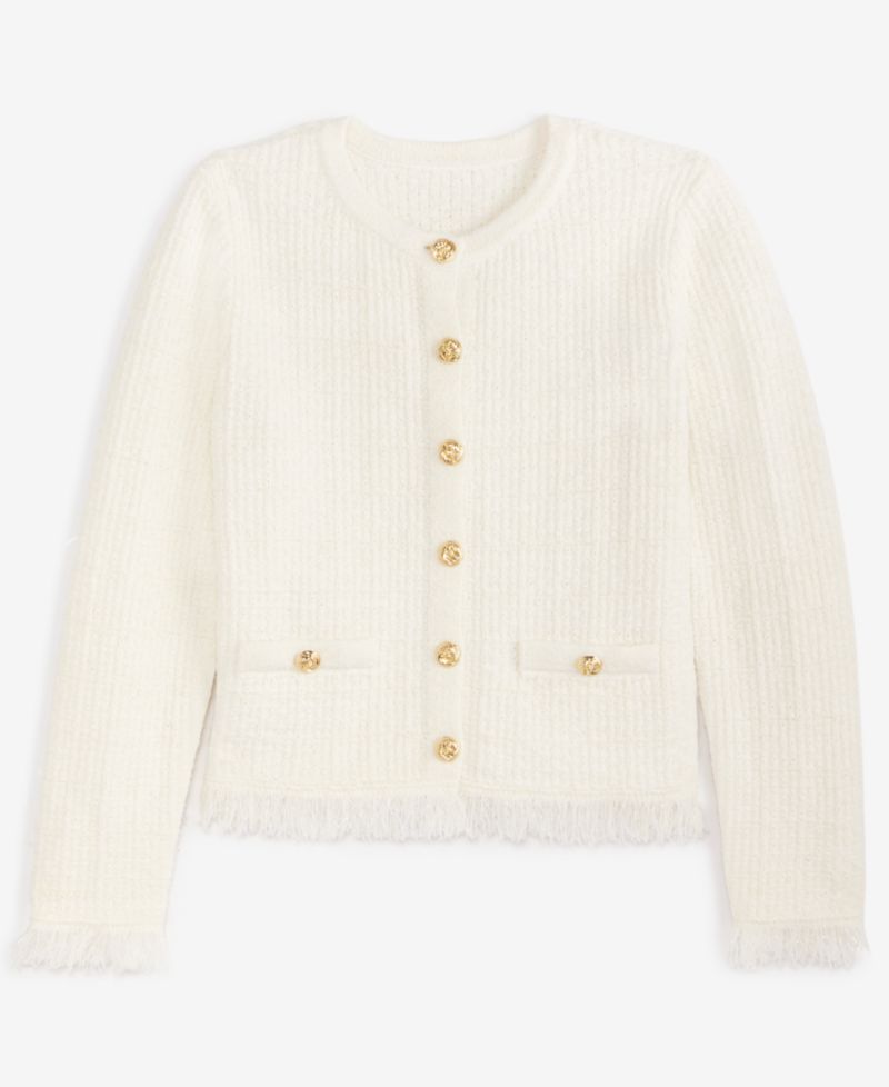 Petite Frayed Button Down Textured Cardigan