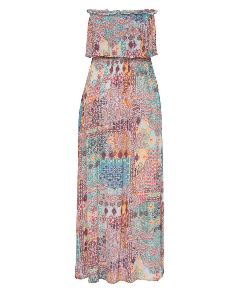 Women's Patchwork-Print Bandeau Ruffle-Trim Maxi Dress