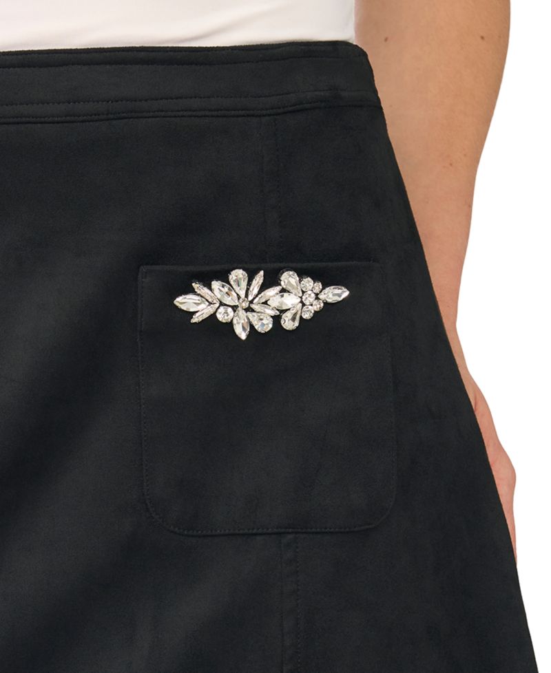 Women's Faux Suede A-Line Mini Skirt with Embellished Patch Pockets