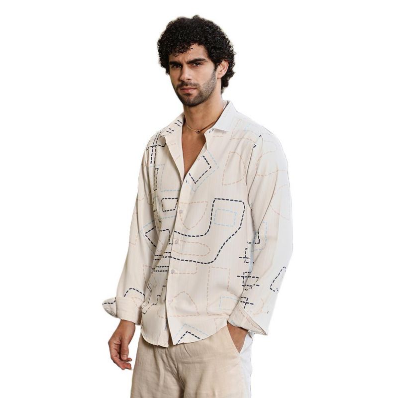 Men's Off-White & Navy Blue Thread-Lines Shirt