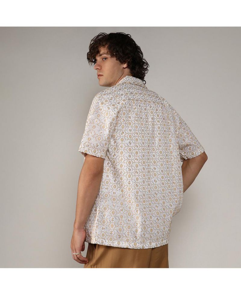 Men's Off-White & Beige Embroidered Geometric Shirt