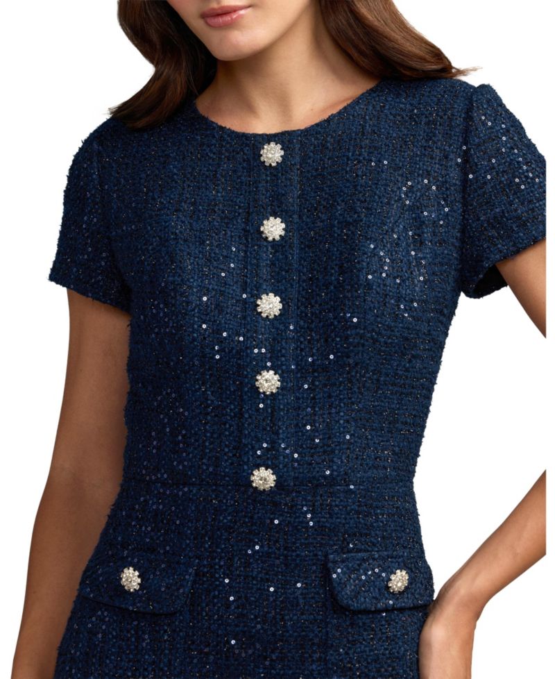Women's Sequin Tweed Short-Sleeve A-Line Midi Dress