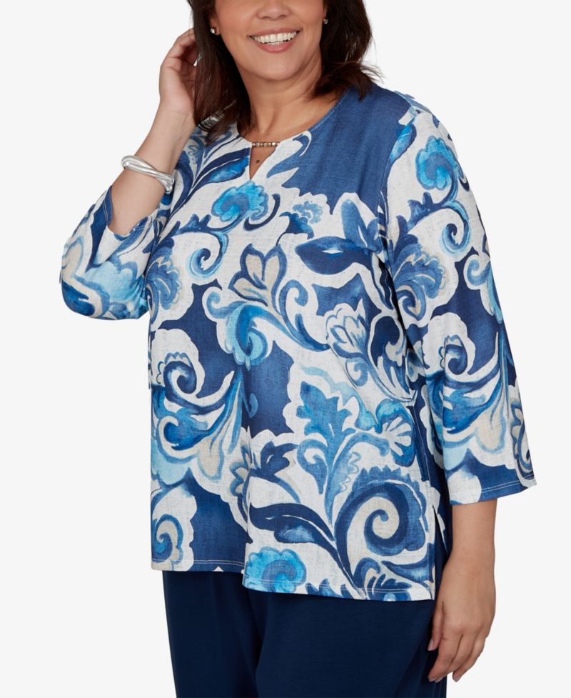 Plus Size Floral-Print 3/4-Sleeve T-Shirt