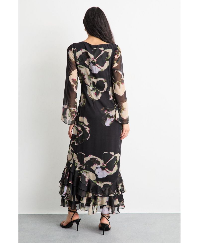Women's Printed Scoop Neck Ruffle Hem Midi Dress
