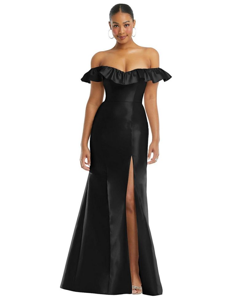 Women's Off-the-Shoulder Ruffle Neck Satin Trumpet Gown