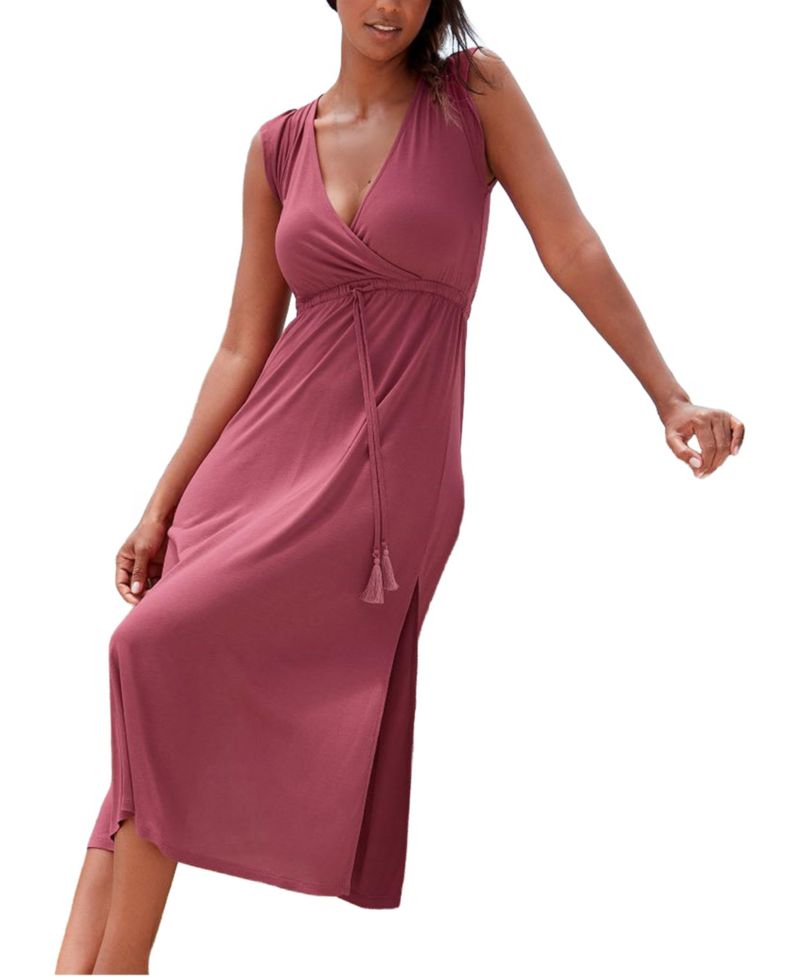Women's Viscose Printed Side Slit A-Line V-Neck Elastic-Waist Maxi Dress