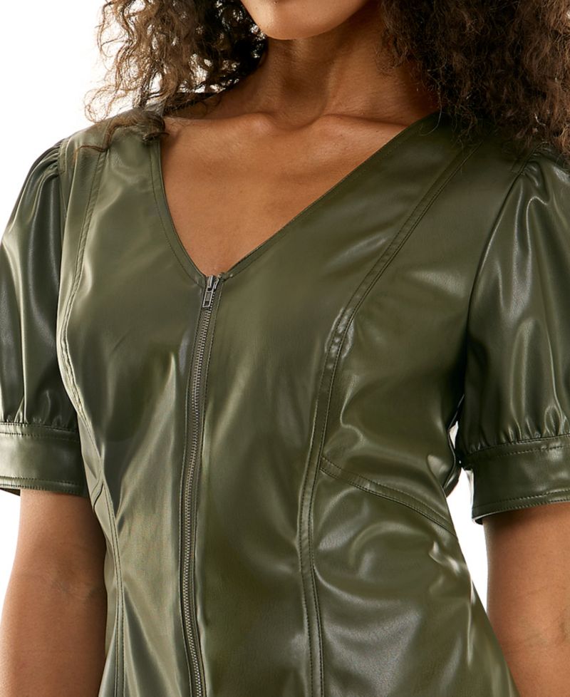 Juniors' Pleather V-Neck Mini Dress with Front Zipper