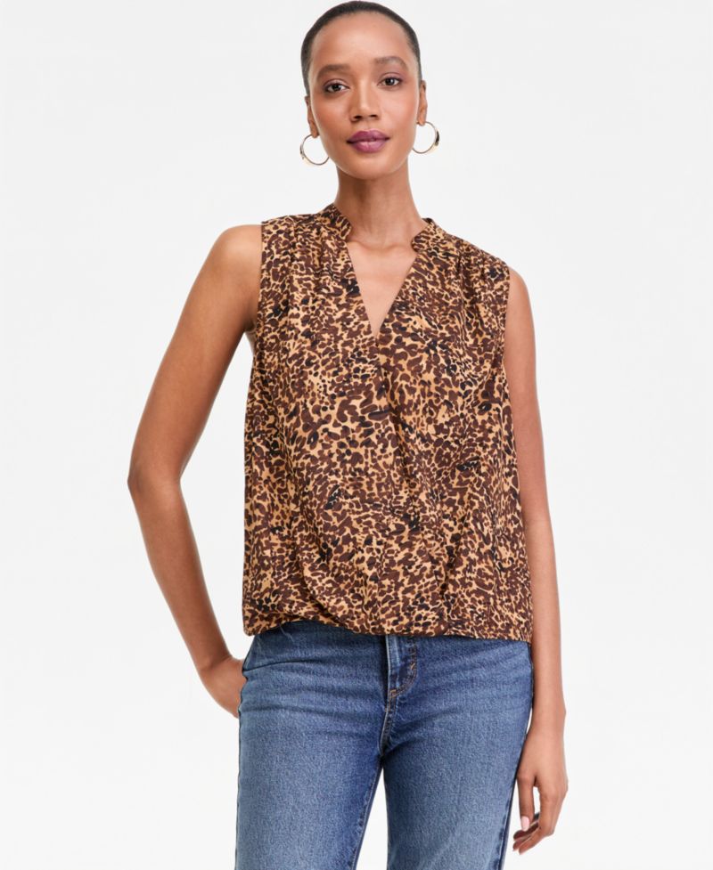 Women's Sleeveless Printed Faux-Wrap Blouse