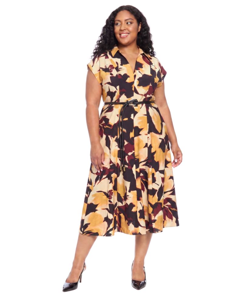 Plus Size Belted Collared Midi Floral Shirt Dress