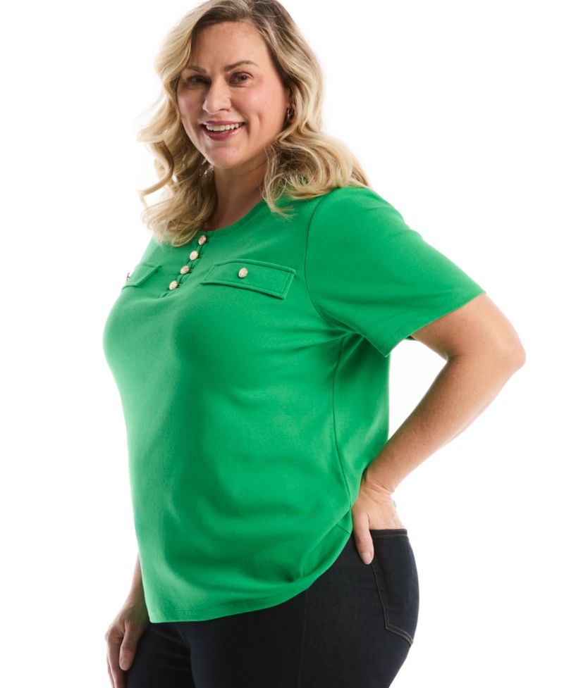 Plus Size Welt Pocket Button Detail Short-Sleeve Top