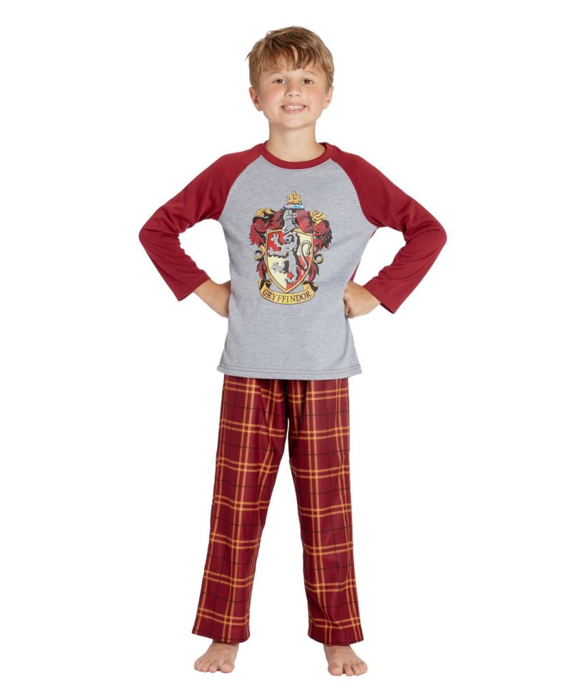 Boys' Plaid Hogwarts Houses Crest Raglan Kids 2Piece Pajama Set - Gryffindor Hufflepuff Slytherin Ravenclaw