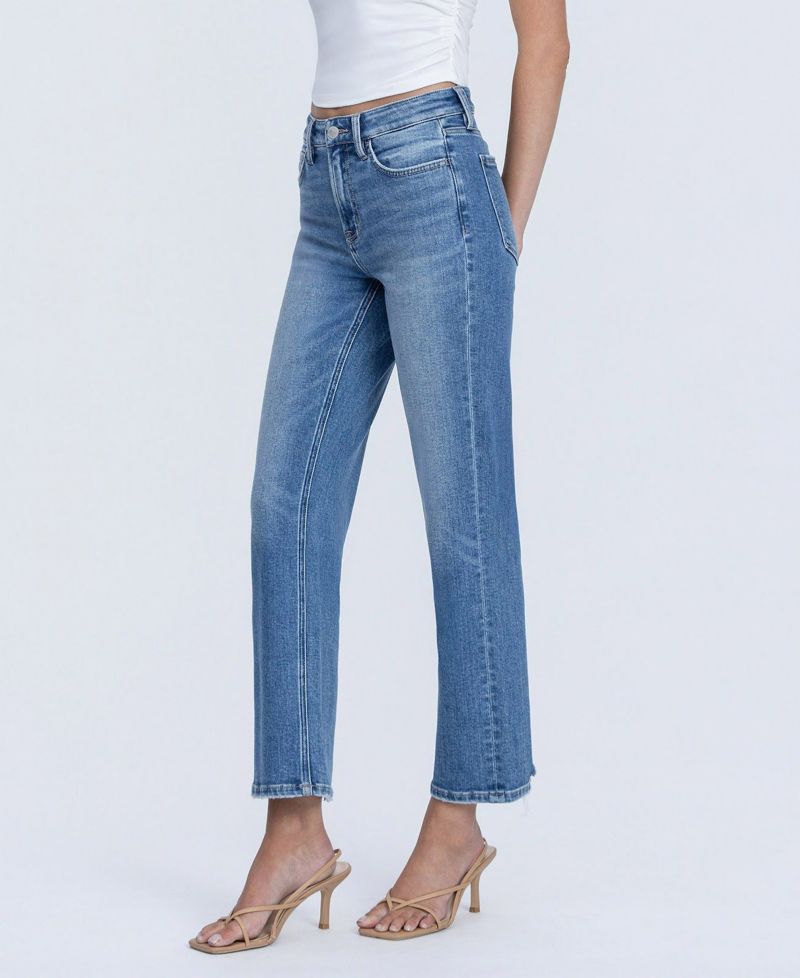 Women's High Rise Back Distressed Hem Ankle Straight Jeans