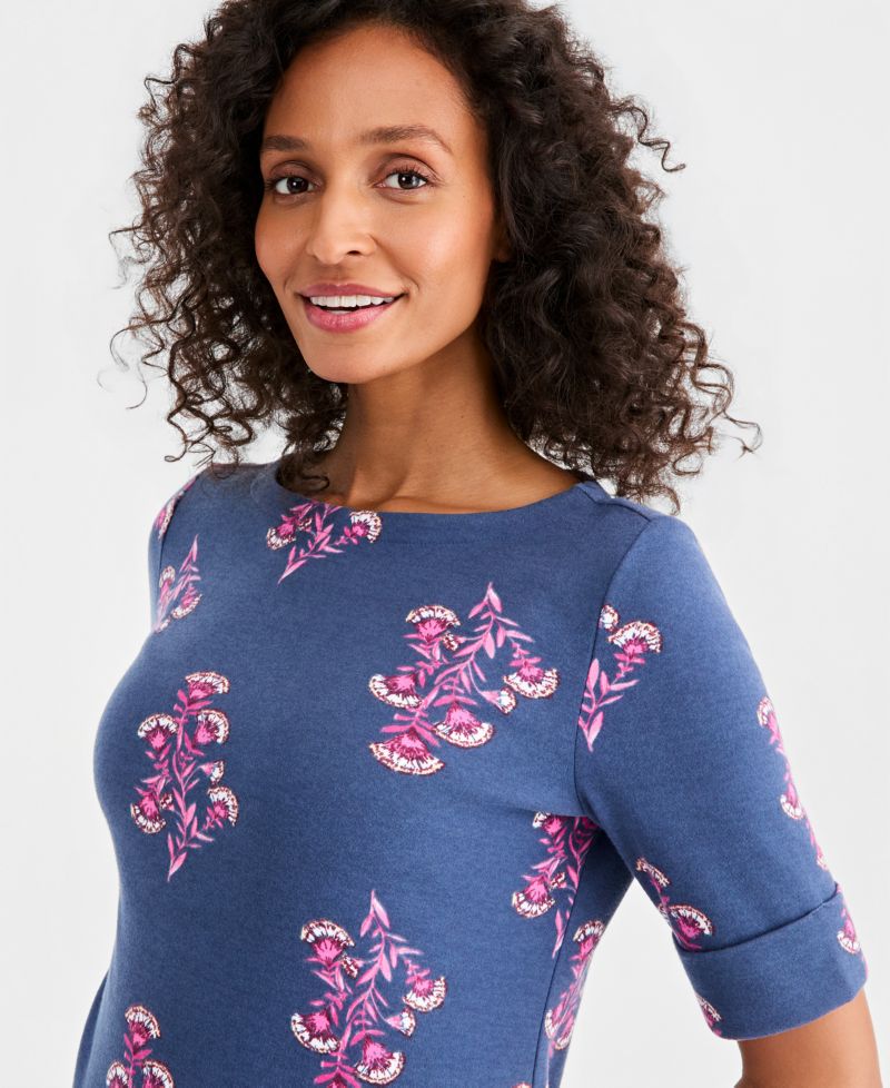 Petite Printed Boat Neck Short-Sleeve Top