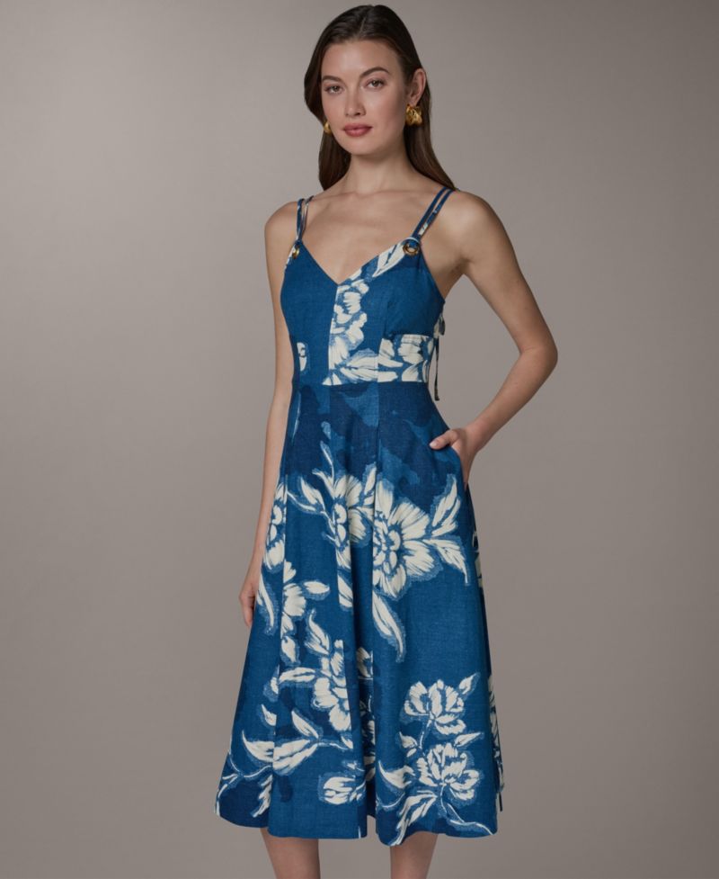 Women's V-Neck Linen Blend Fit & Flare Sleeveless Midi Dress