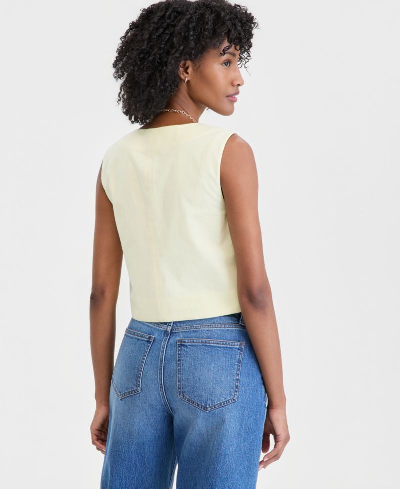 Women's Cropped Linen Blend Button-Front Vest