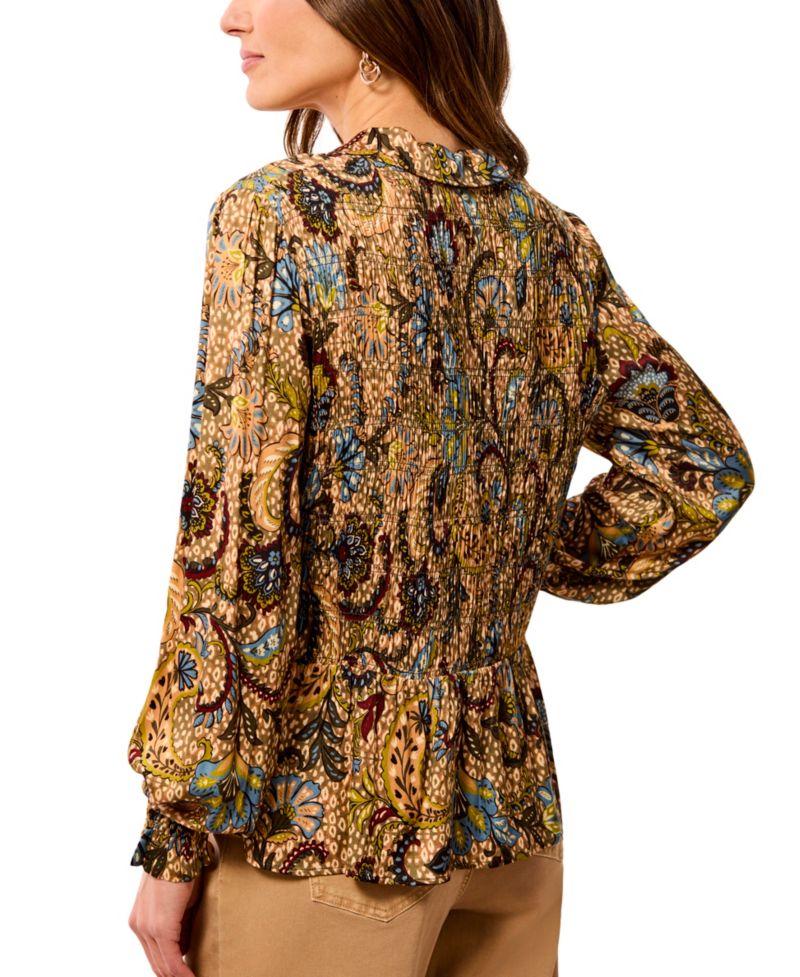Women's Balloon-Sleeve Smocked Paisley-Print Blouse