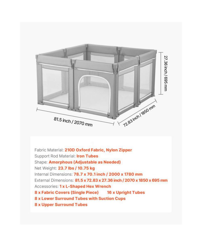 Foldable Baby Playpen for Toddlers, Large Play Yard with Soft Mesh Sides and Zippered Safety Door