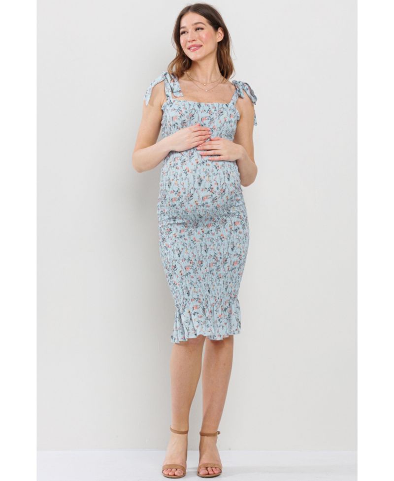 Women's Floral Smocked Square Neck Bodycon Midi Matertnity Dress with Adjustable Tie Straps
