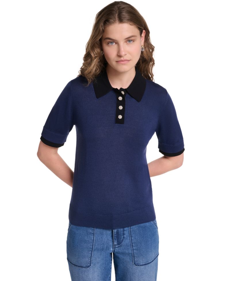 Petite Short-Sleeve Contrast Collar Sweater