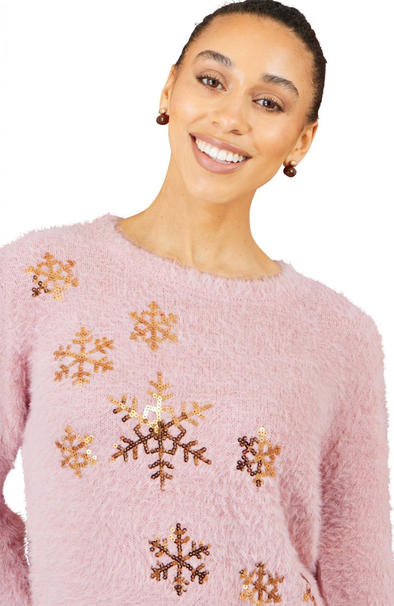 Women's Sequin Snowflake Fluffy Crewneck Sweater