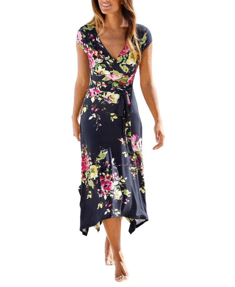 Women's Viscose Printed Handkerchief Hem Style V-Neck Midi Dress