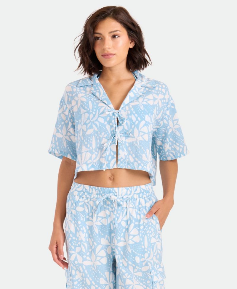 Women's Floral Print Front Tie Swim Cover-Up Shirt