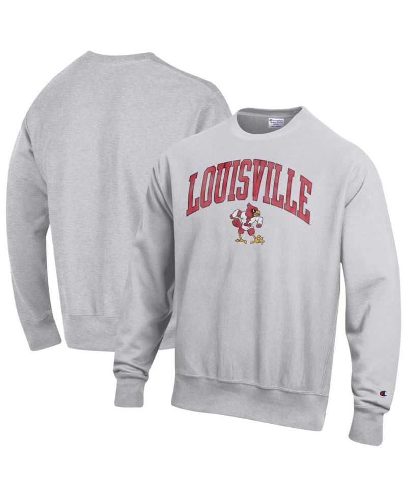 Men's Gray Louisville Cardinals Distressed Arch Over Logo Reverse Weave Crew Neck Sweatshirt