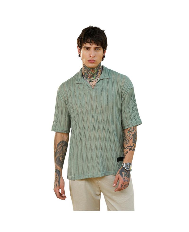 Men's Sage Green Duo-Striped Relaxed Polo T-Shirt
