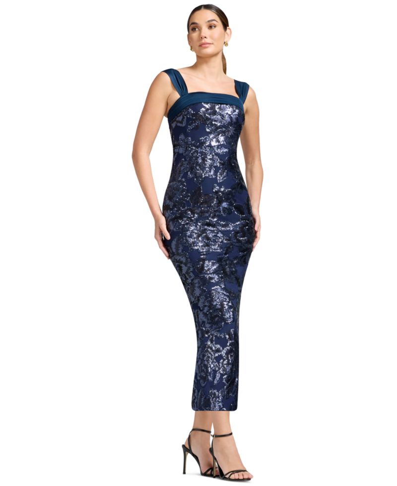 Women's Sequin Square Neck Bodycon Tea Length Dress
