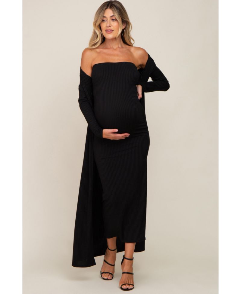 Women's Black Ribbed Sleeveless Dress Cardigan Set