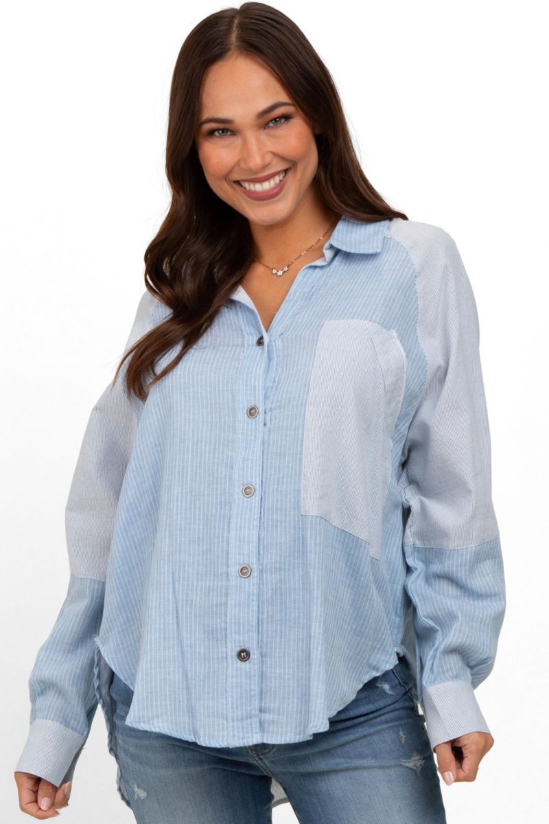 Women's Light Blue Striped Colorblock Button Up Top
