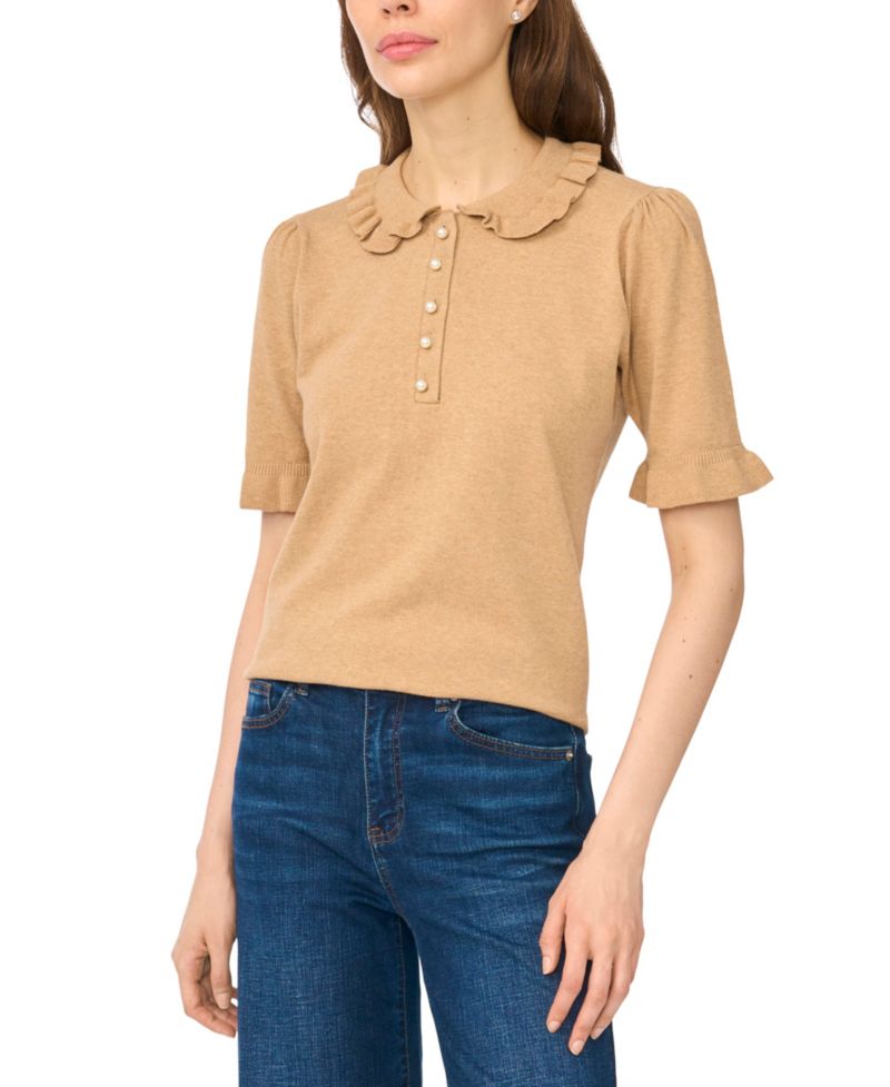 Women's Short-Sleeve Ruffle-Collar Ribbed-Knit Polo Sweater