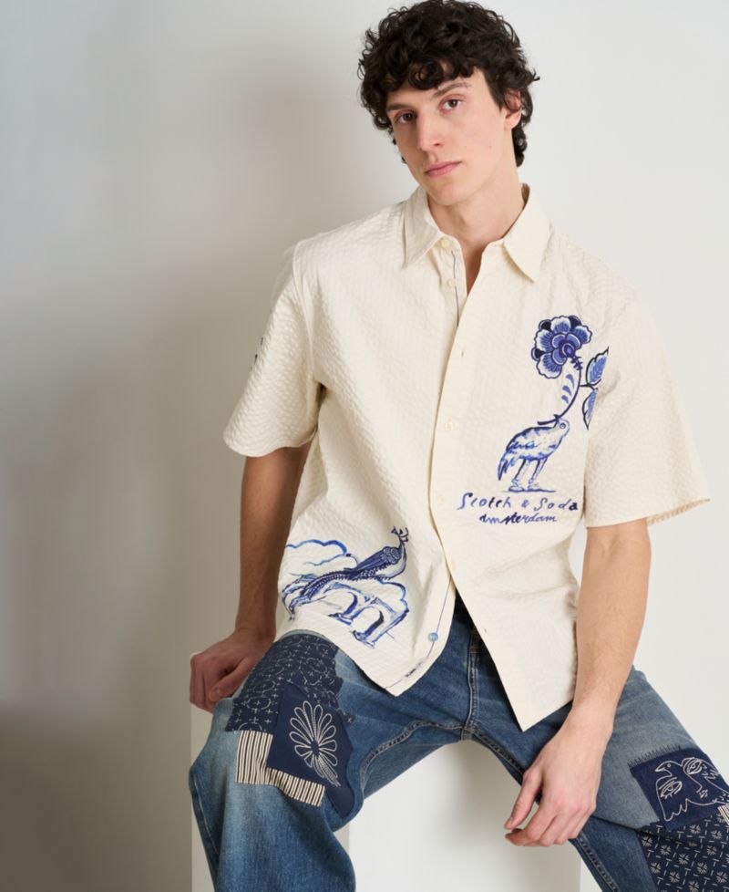 Men's Delfts Blauw Artwork Camp Collar Shirt