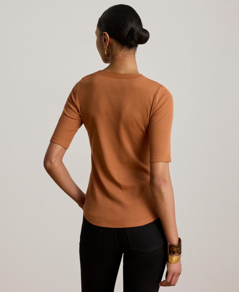 Women's Crewneck Lace-Up Ribbed Elbow-Sleeve T-Shirt