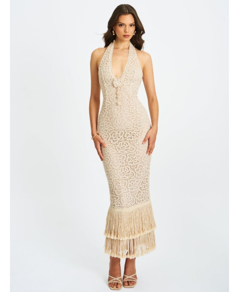 Women Faelyn Off-White Double Fringe Crochet Halter Maxi Dress