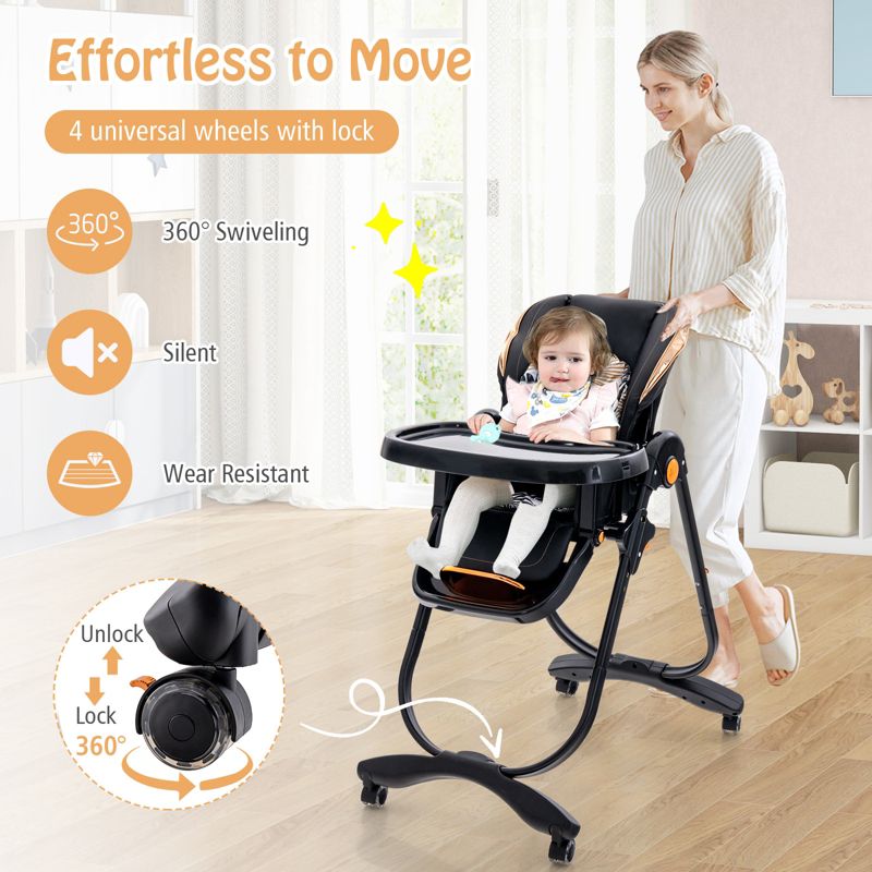 Kids Folding Dining High Chair with Adjustable Height and Recline
