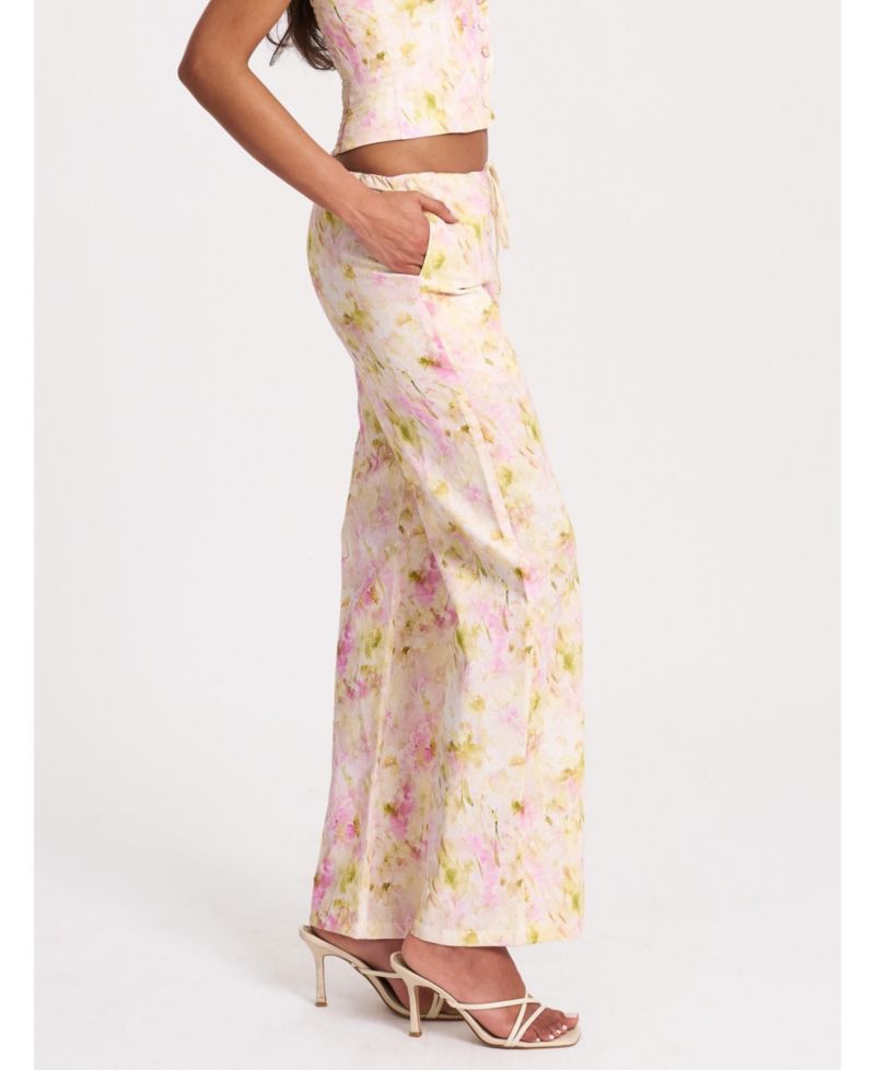 Women's Laureen Pink Floral Print Linen Straight Pants