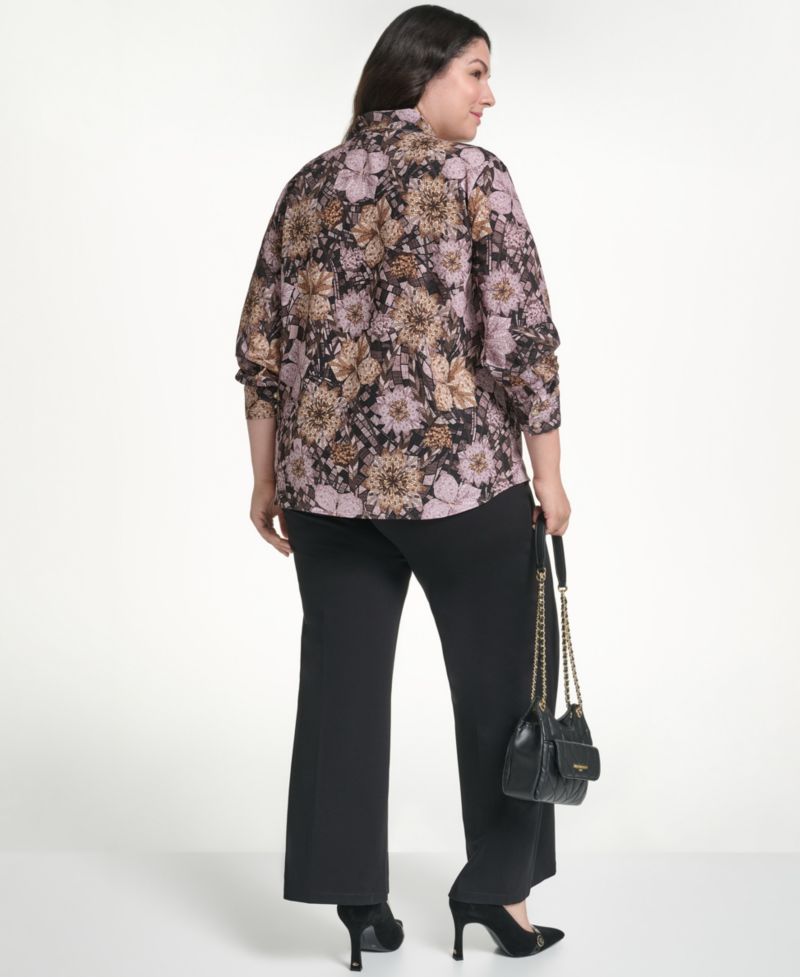Plus Size Geo Floral Long-Sleeve Button-Up Woven Blouse