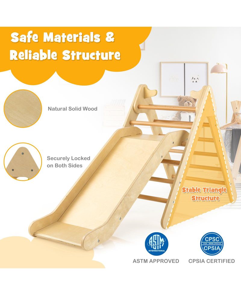 Ages 1+ 2-in-1 Wooden Triangle Climber with Adjustable Slide, 2-Piece Set