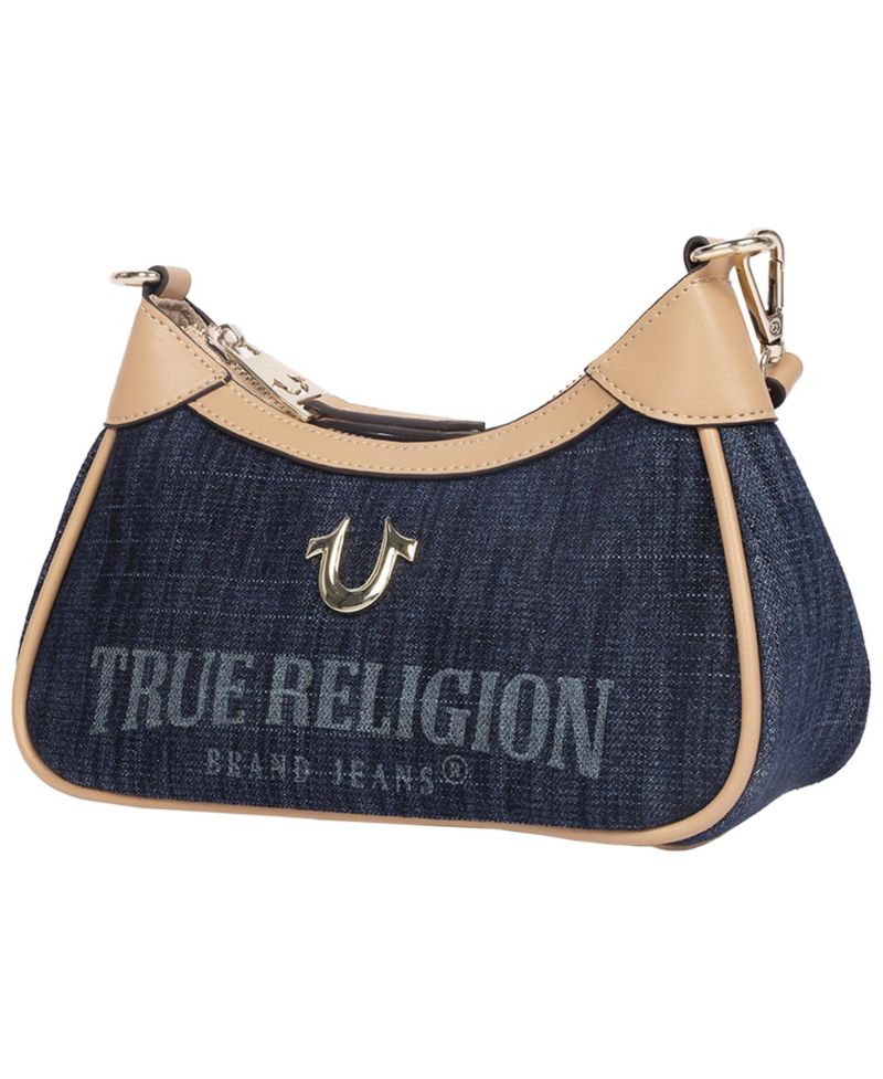 Blair Denim and PU Shoulder Bag Logo Denim Mini Shoulder Bag with Detachable Strap