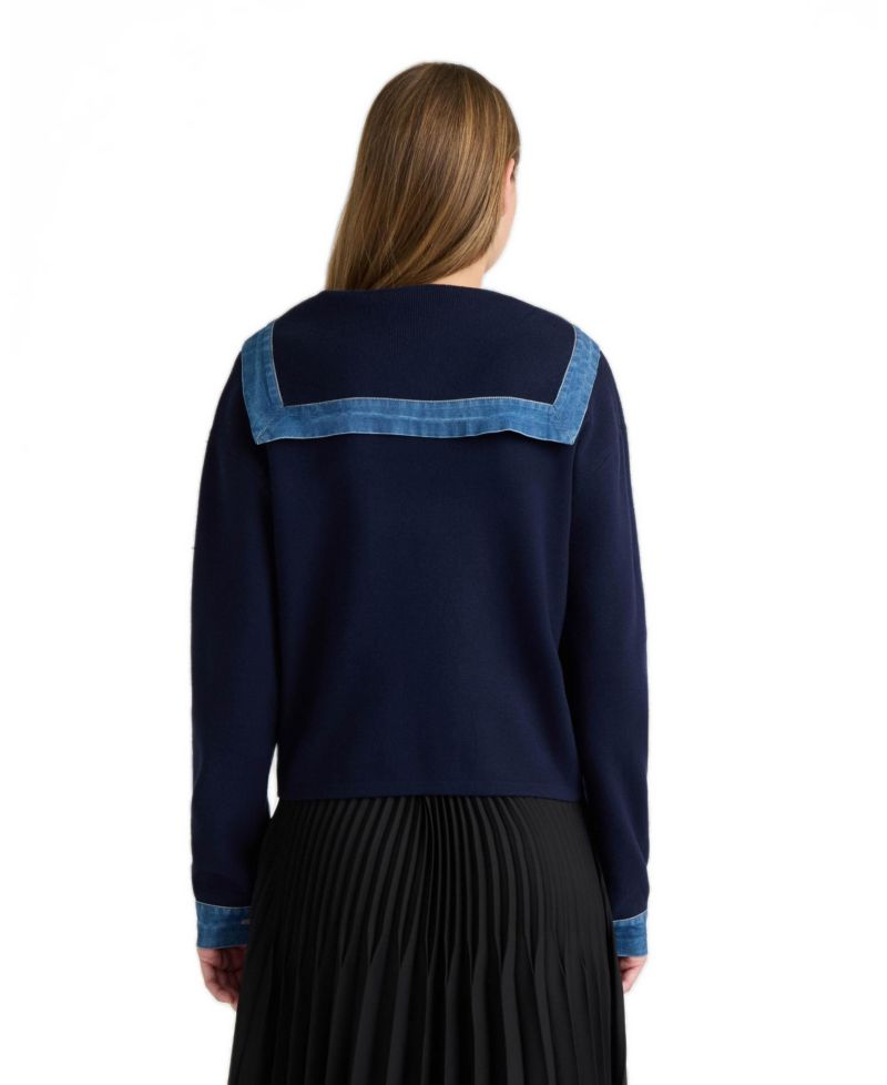 Women's Sailor Collar Denim-Detailing Cardigan