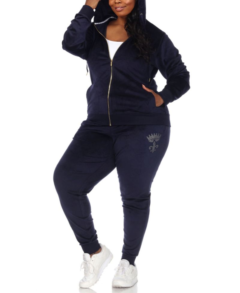 Plus Size Rhinestone Velour Tracksuit 2 Piece Set
