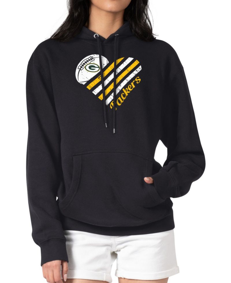 Women's Black Green Bay Packers Heart Graphic Fleece Pullover Hoodie