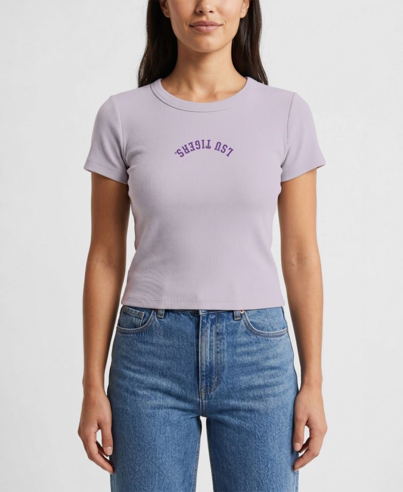 Women's Purple LSU Tigers Upside Down Embroidery Ribbed Cropped T-Shirt