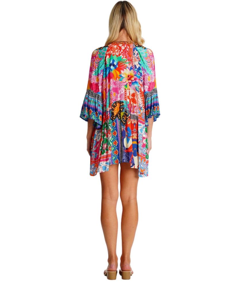 Women's Multicolor Mini Dress with Side Asymmetrical Hem and Beaded Neckline