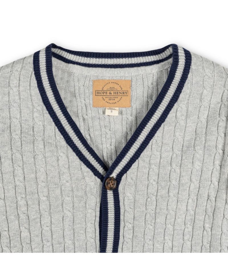 Baby Boys Hope and Henry Long Sleeve Cable Knit Cardigan Sweater with Stripe Trim